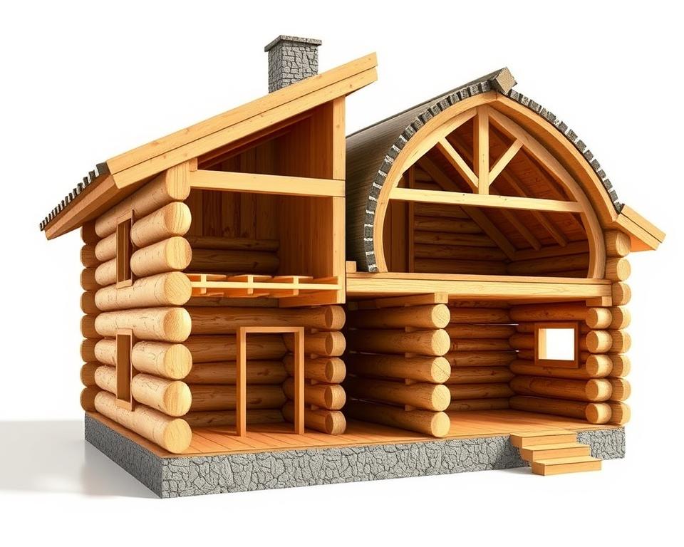 D-log and round log cabin construction techniques