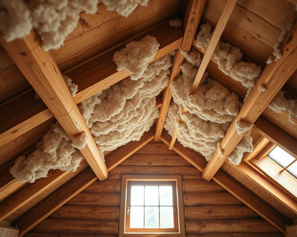 loft insulation installation in log cabin roof space