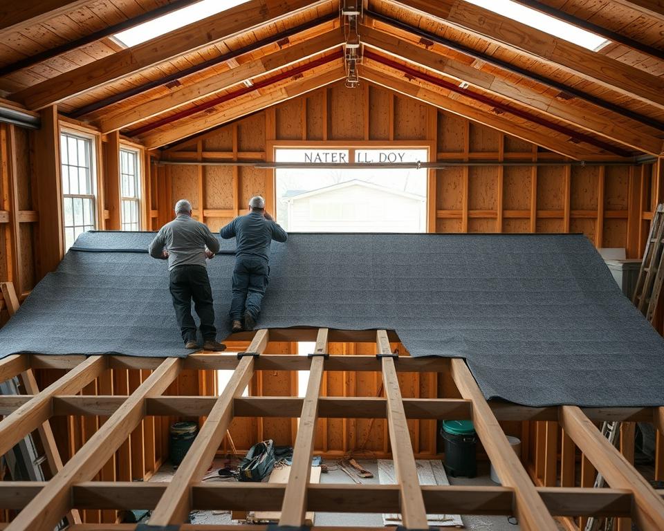 shed felt installation process showing proper alignment