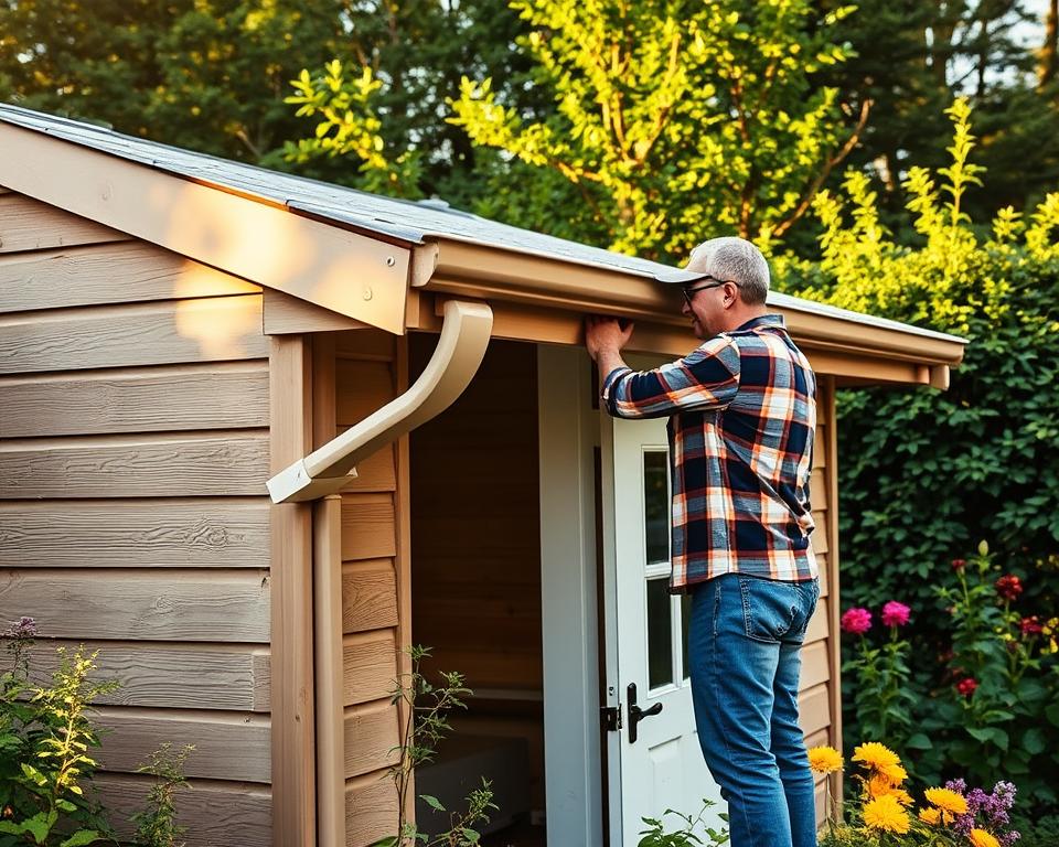 installing a gutter system on a garden shed