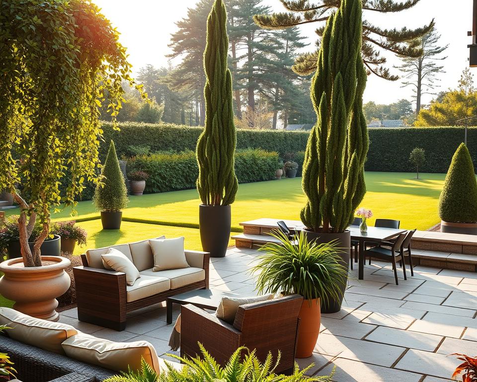 outdoor furniture and large planters in a garden outdoor furniture and large planters in a garden