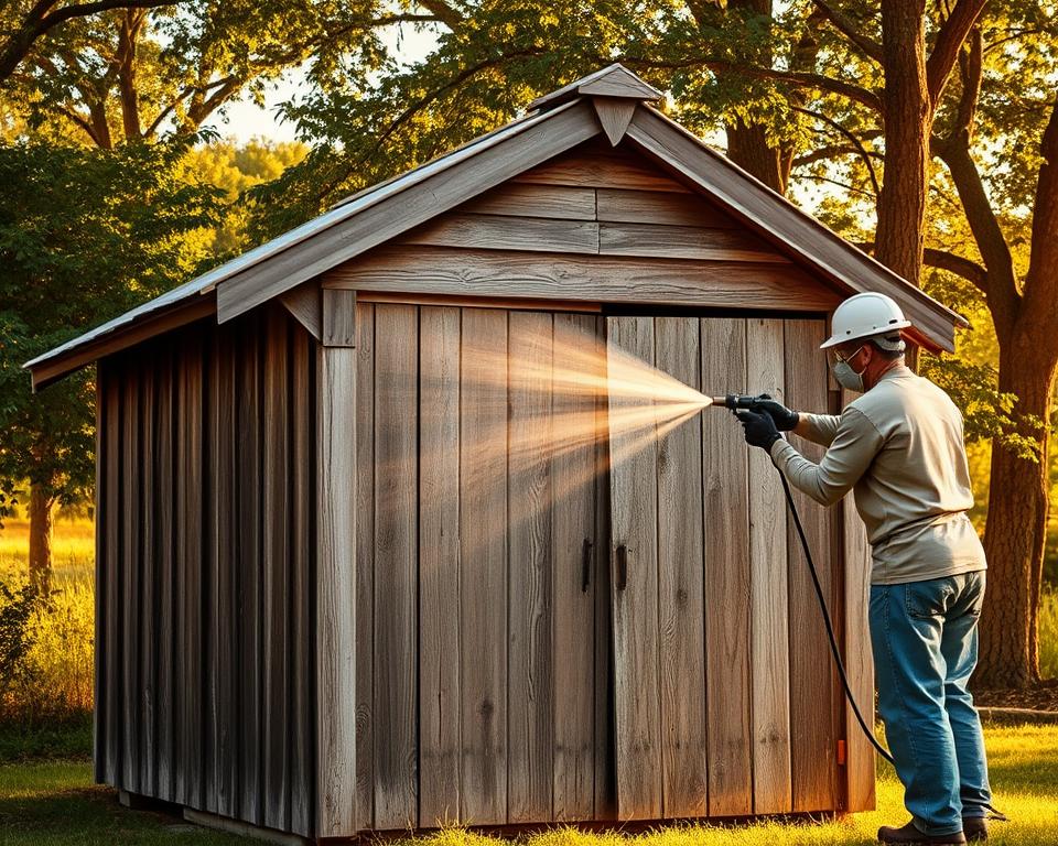 Applying fire retardant coating to a wooden shed Applying fire retardant coating to a wooden shed