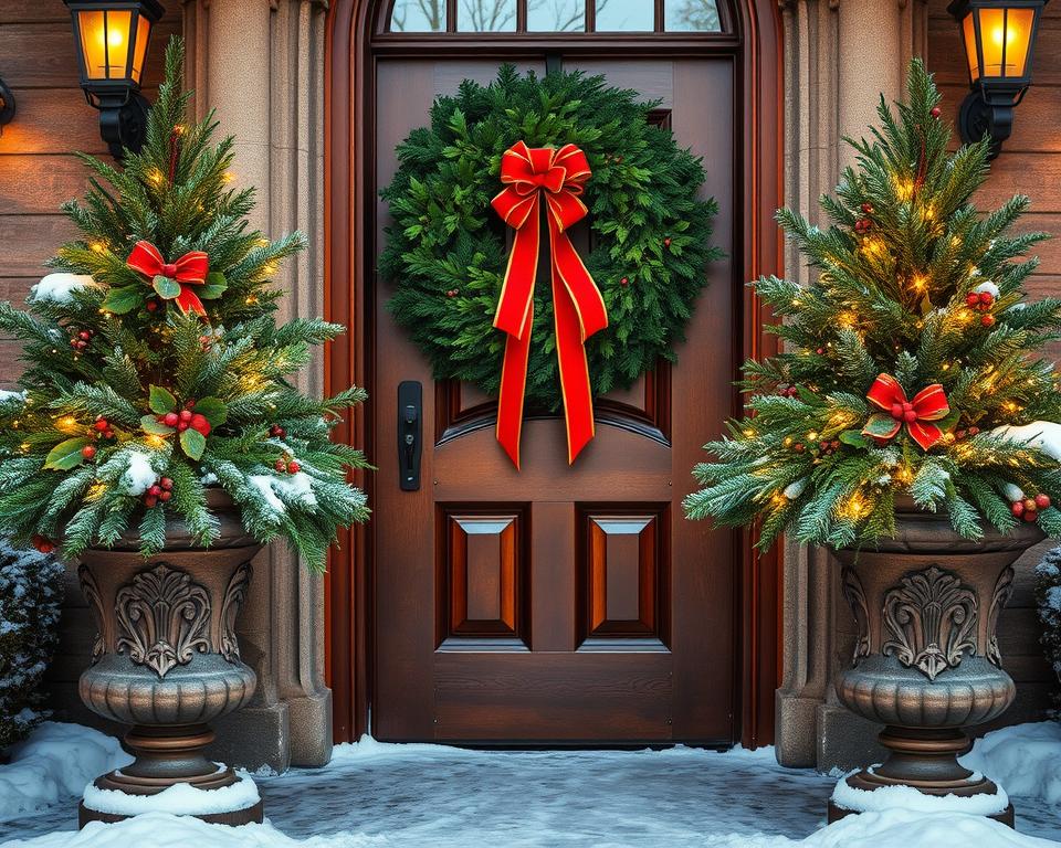 Festive entrance door with wreath and winter pots
