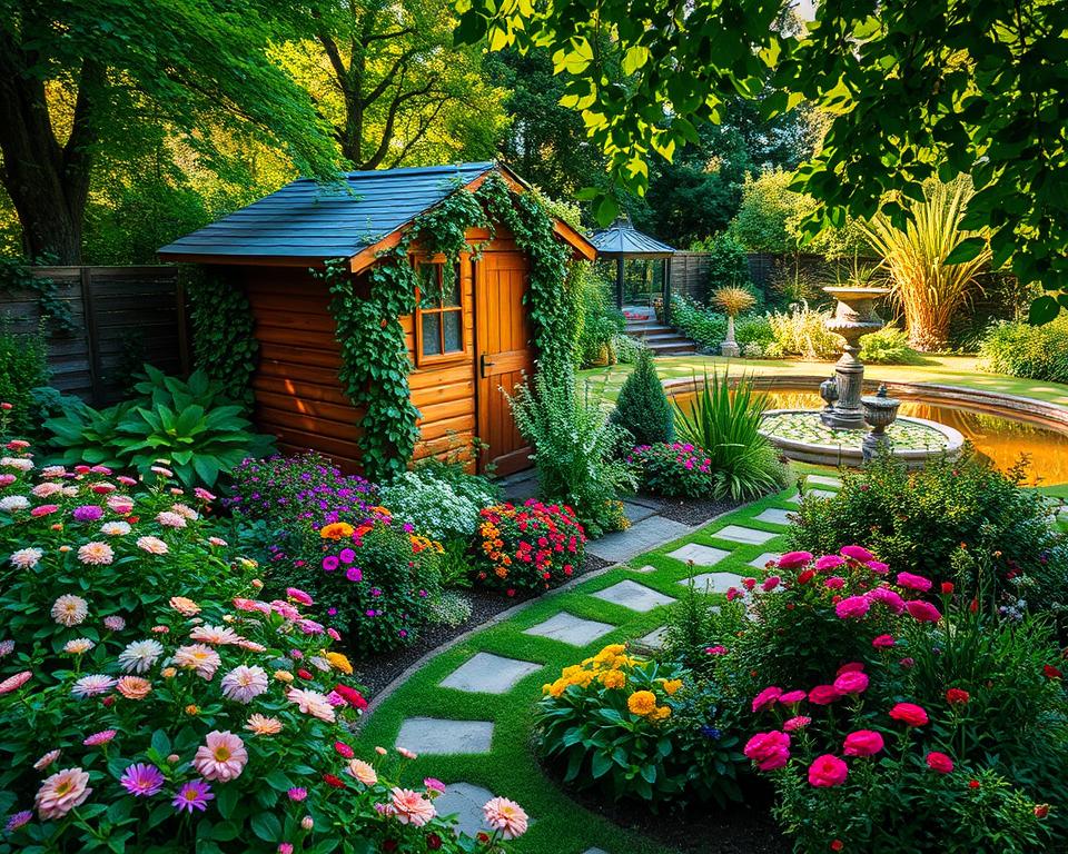 Garden design ideas surrounding a shed