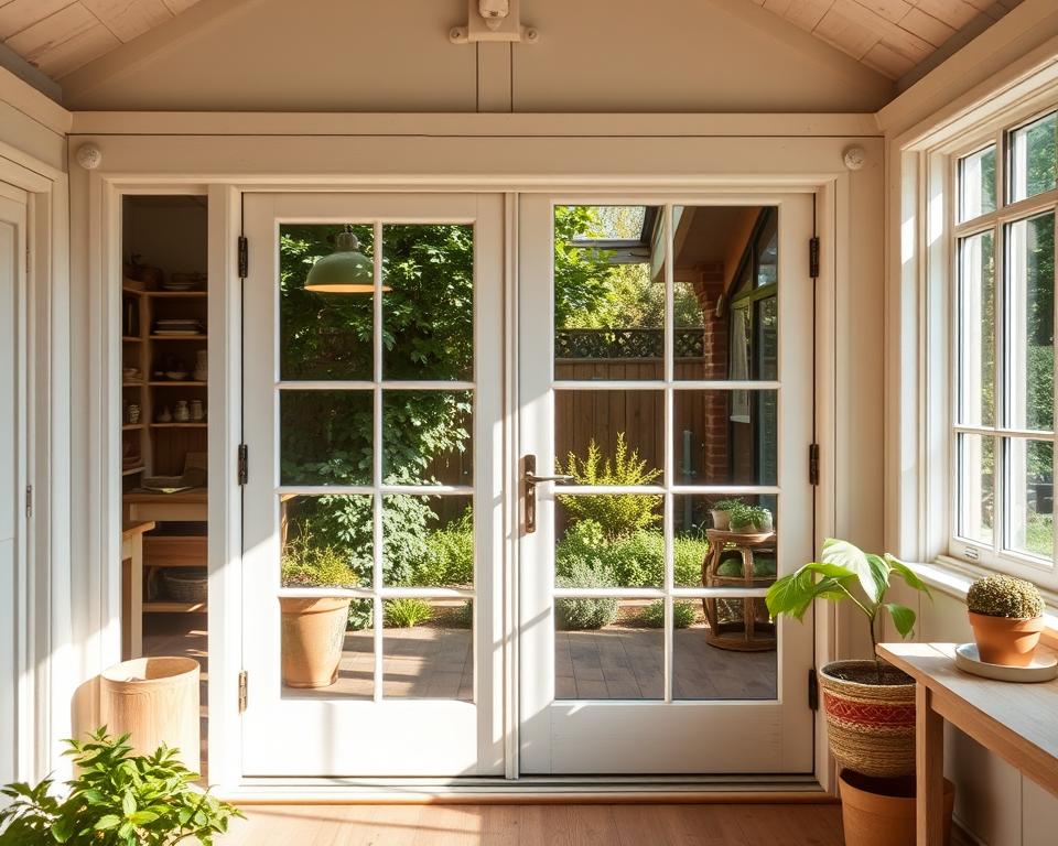 Installing UPVC French doors in garden workshop Installing UPVC French doors in garden workshop