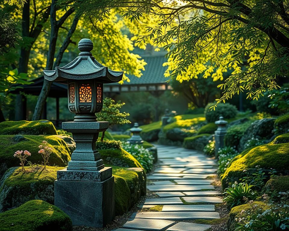 Japanese stone lantern in a garden pathway