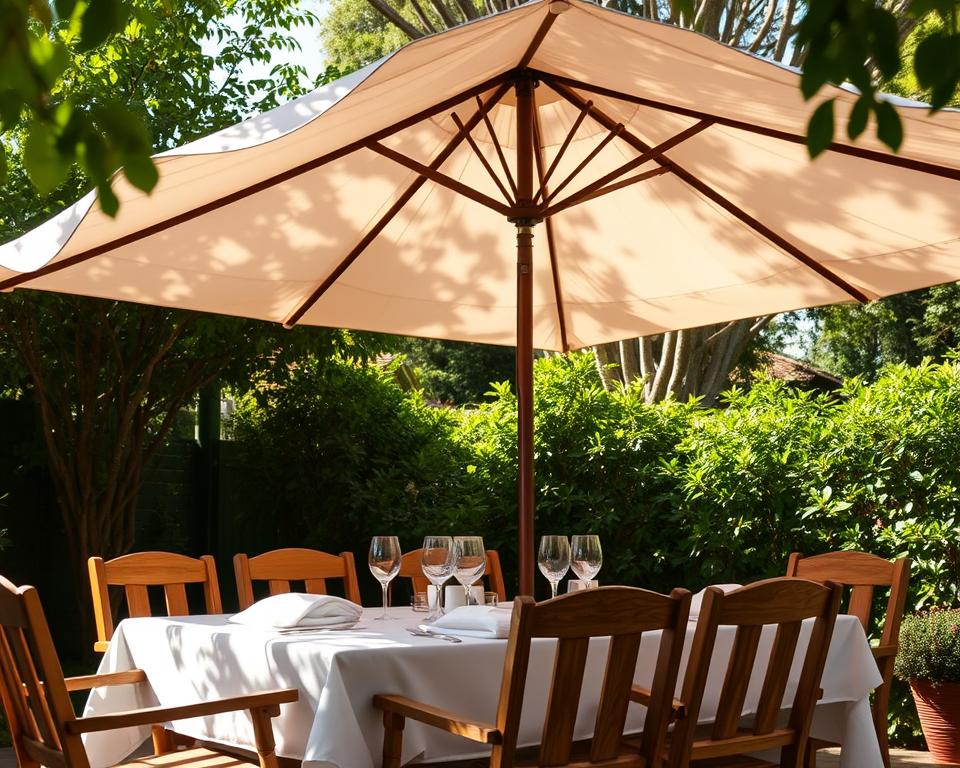 Outdoor dining parasol setup