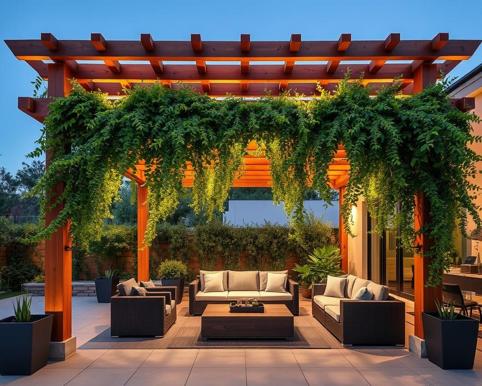 Pergola integrated into outdoor living area design