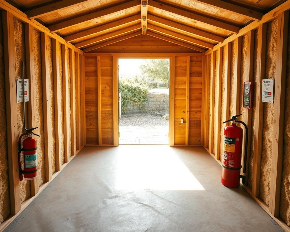 Safe work zone with fire-resistant insulation in a shed Safe work zone with fire-resistant insulation in a shed