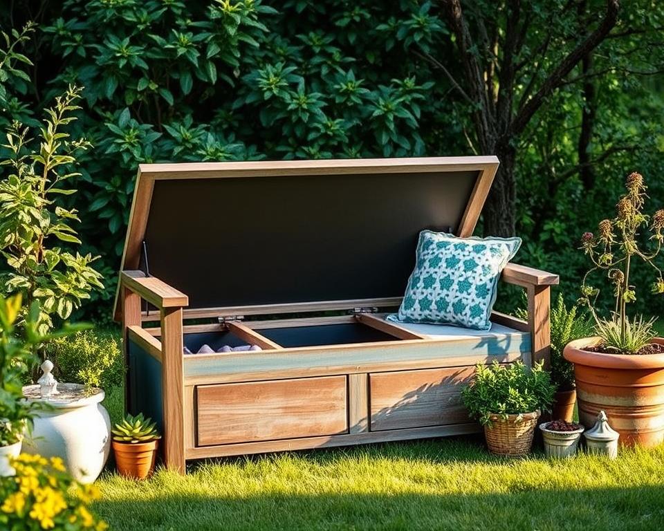 Utilising extra seating and hidden storage on a garden bench