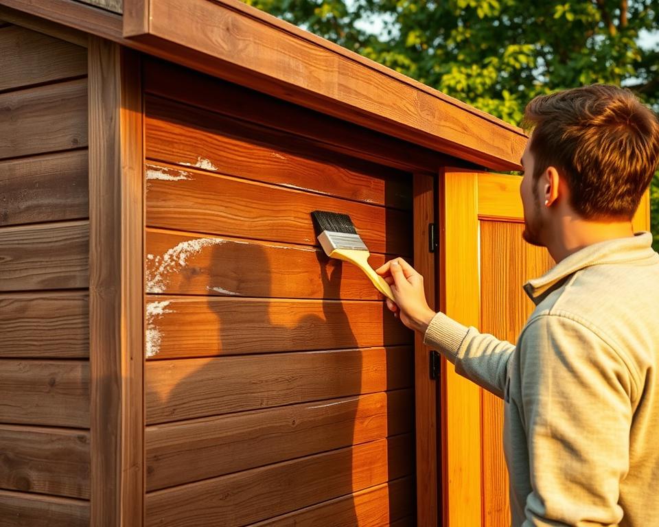applying wood treatment to a shed