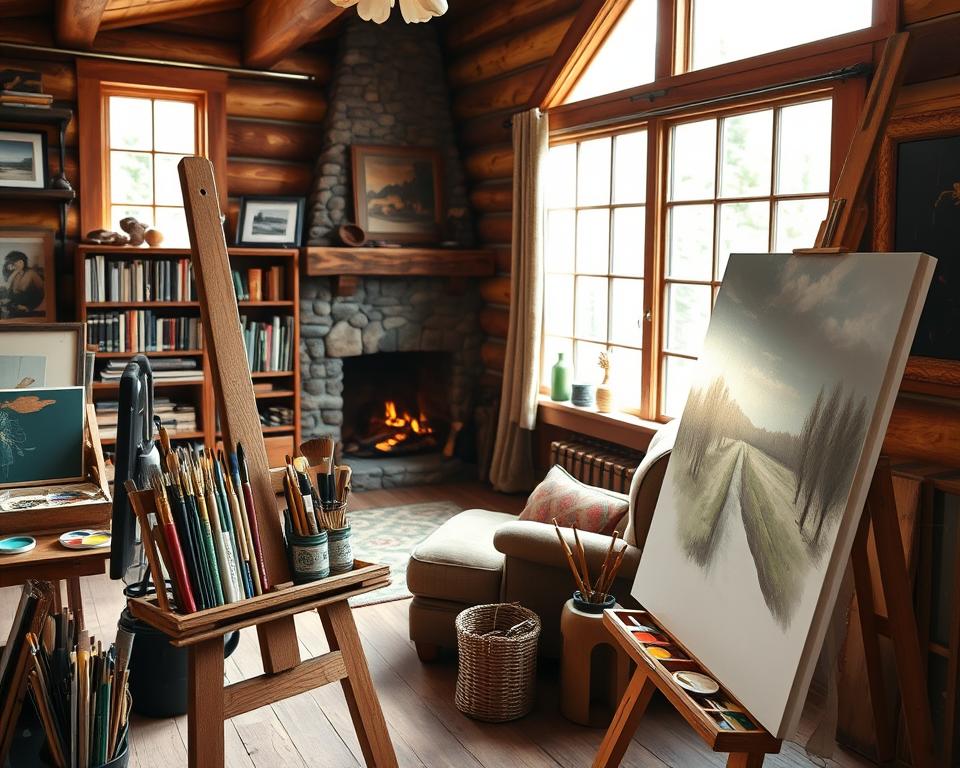 art studio setup in log cabin