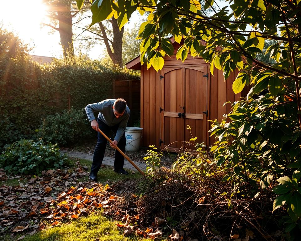 clearing debris around garden shed