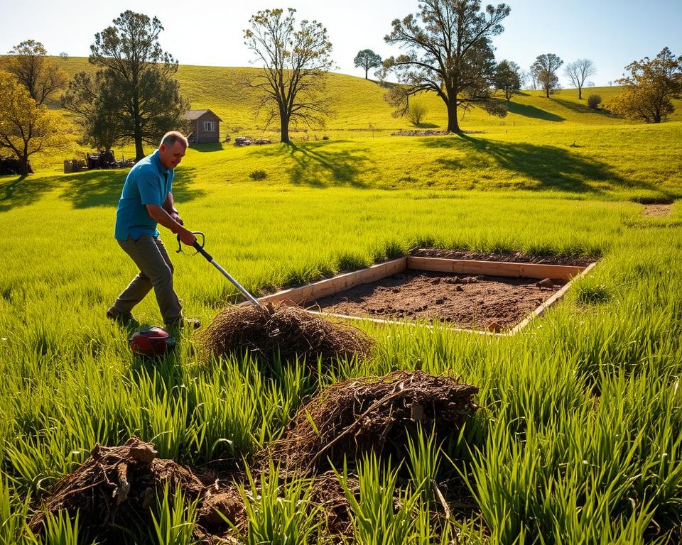 clearing grass for shed foundation