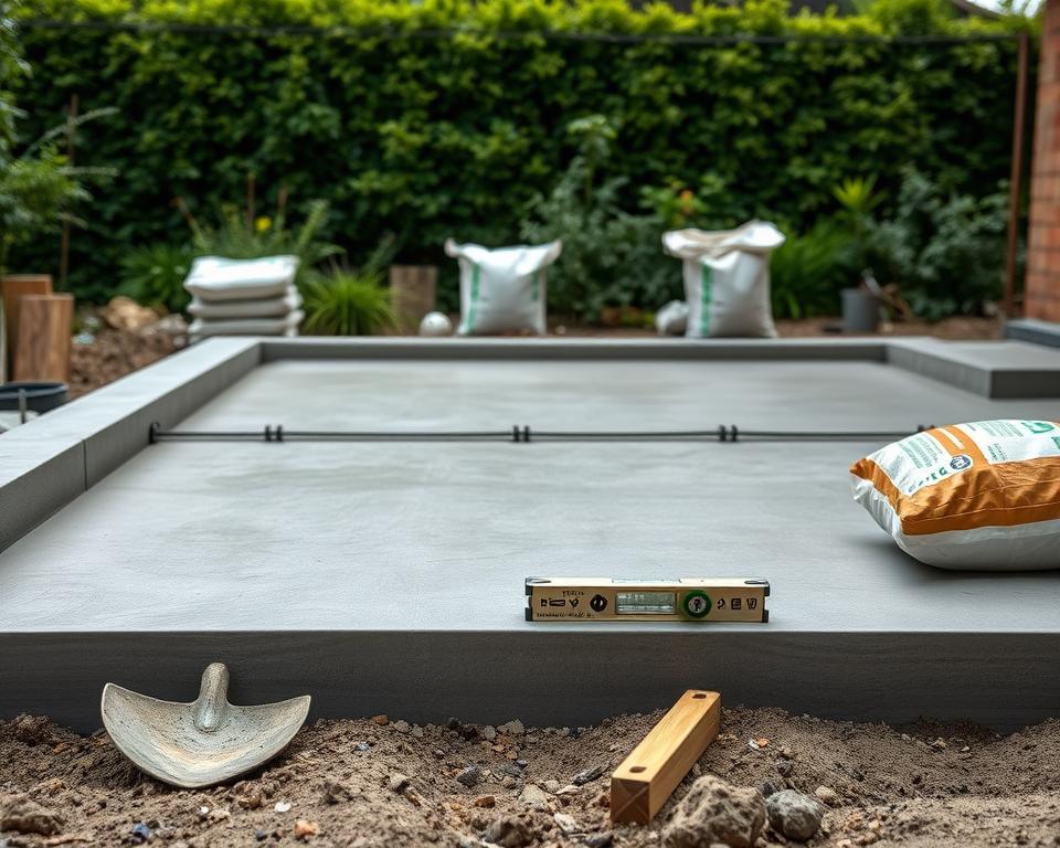 concrete base installation for garden building