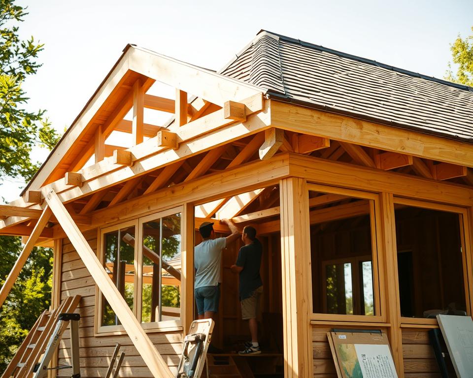 corner summer house roof construction