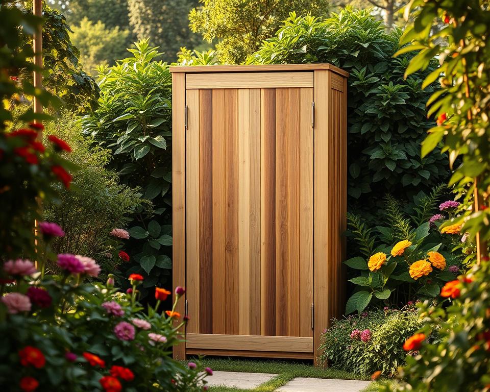 enhancing garden aesthetics with tall storage designs