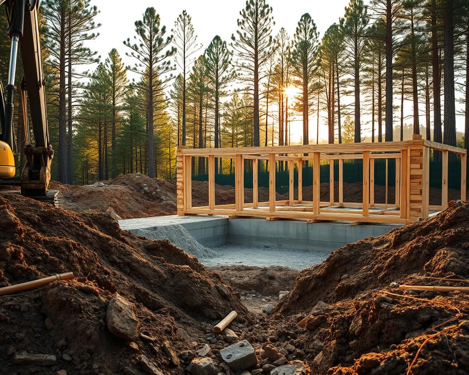 excavation and formwork construction for log cabin base