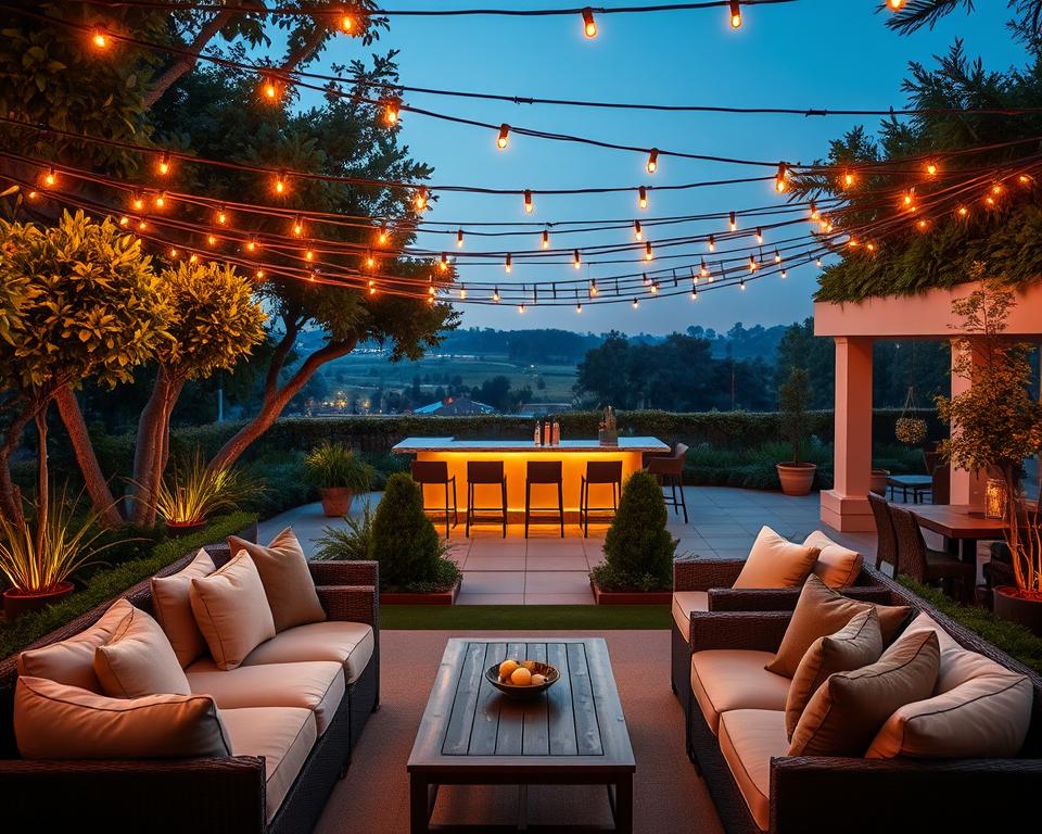garden bar lighting and seating