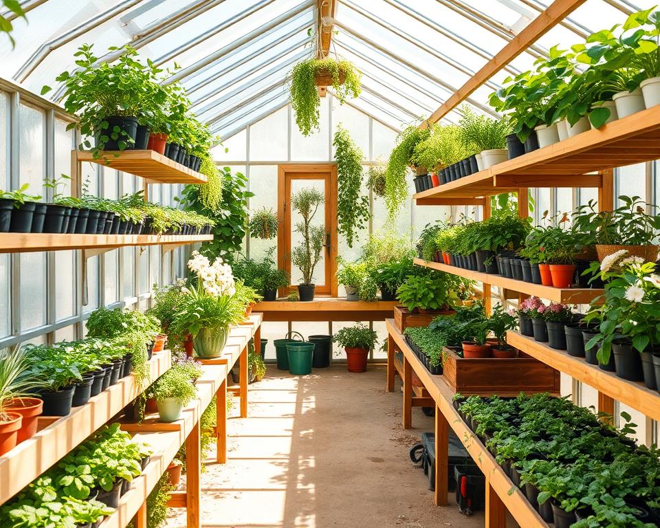 greenhouse interior layout shelves benches