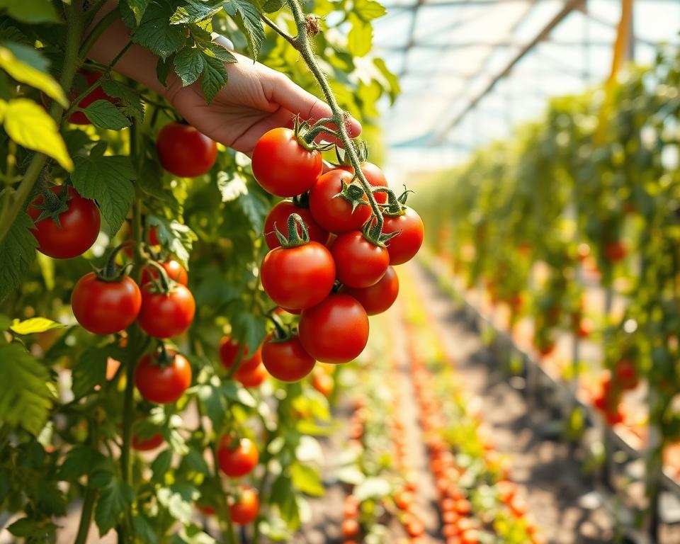 harvesting greenhouse tomatoes