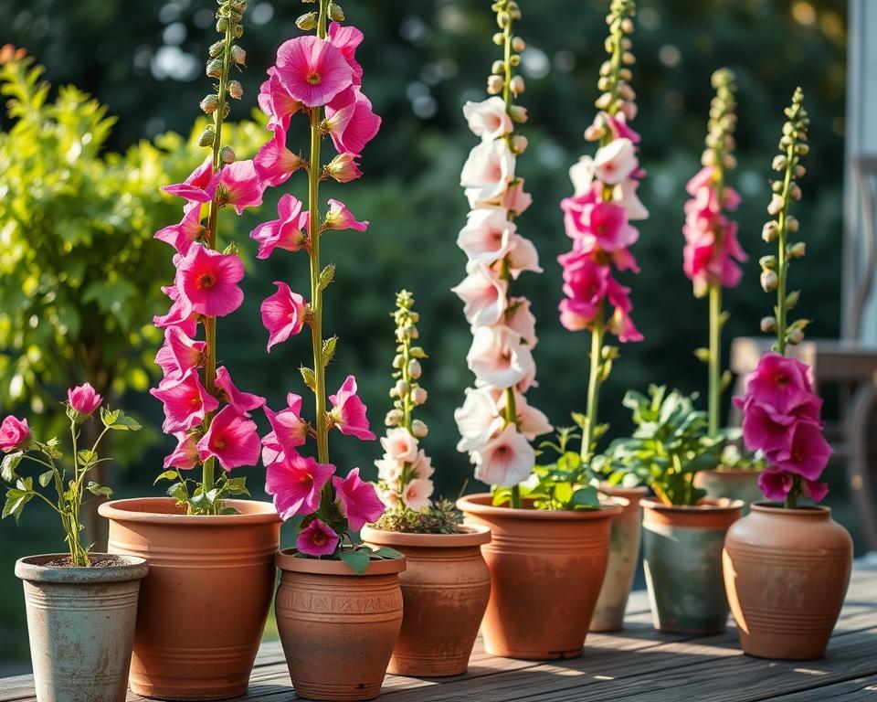 hollyhocks in containers