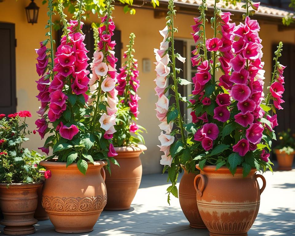 hollyhocks in pots