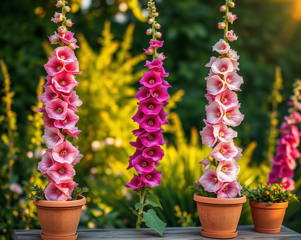 hollyhocks in pots