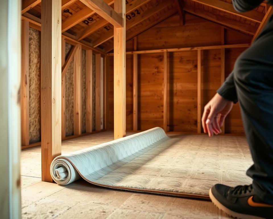 installing shed floor insulation between joists