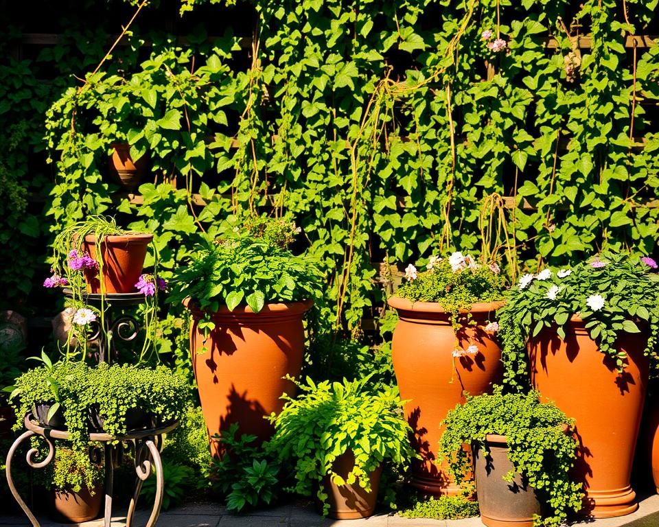 layered garden planters climbing plants