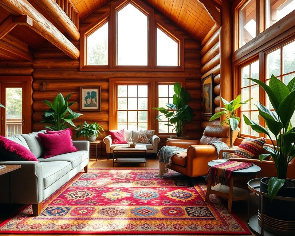 log cabin interior design with colourful accents