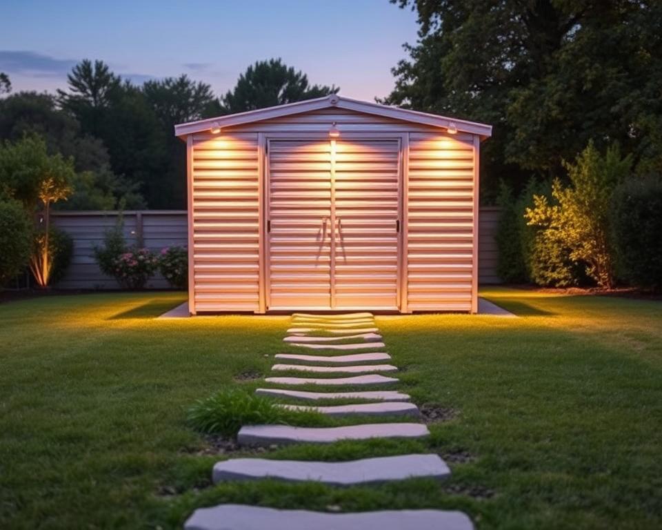 metal shed with outdoor lighting