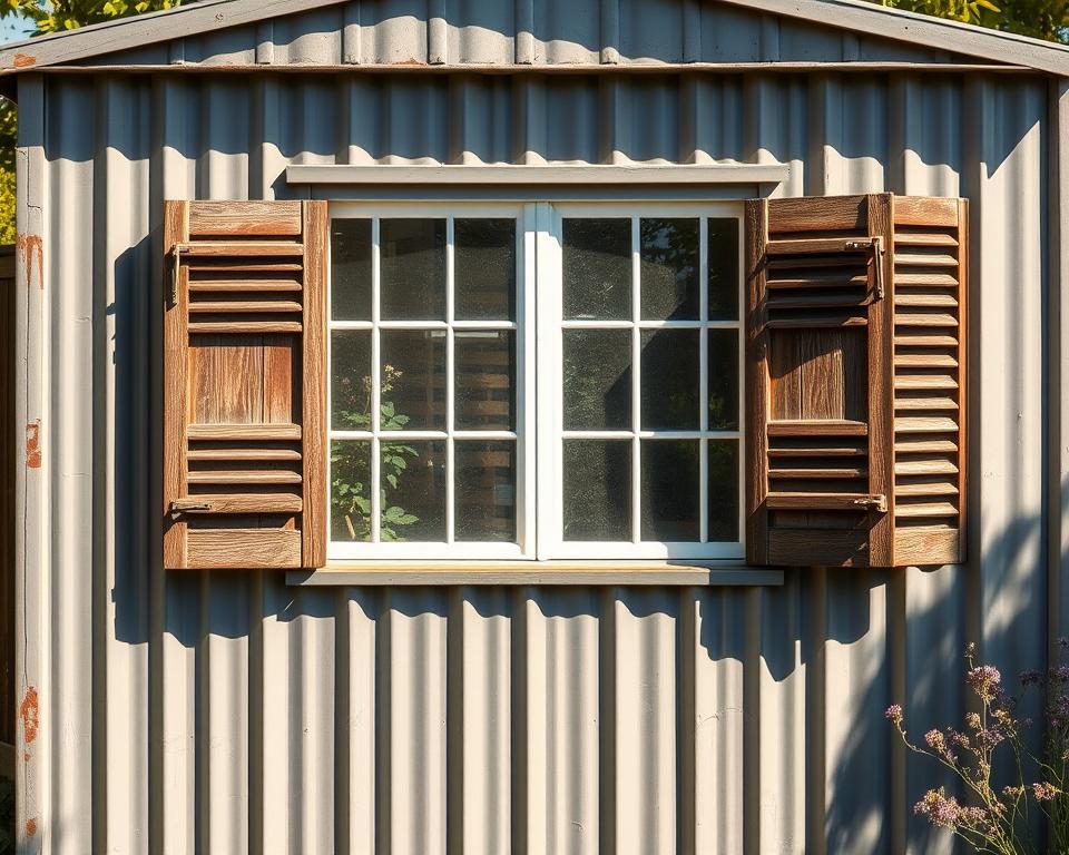 metal shed with windows and shutters