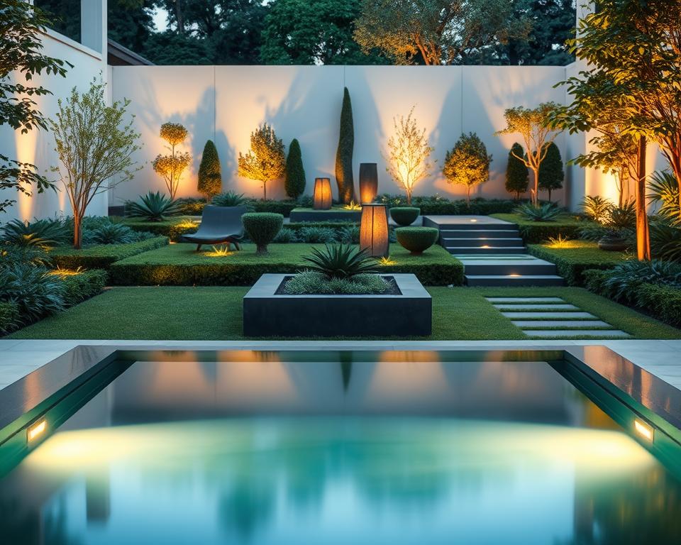 modern garden lighting and water feature