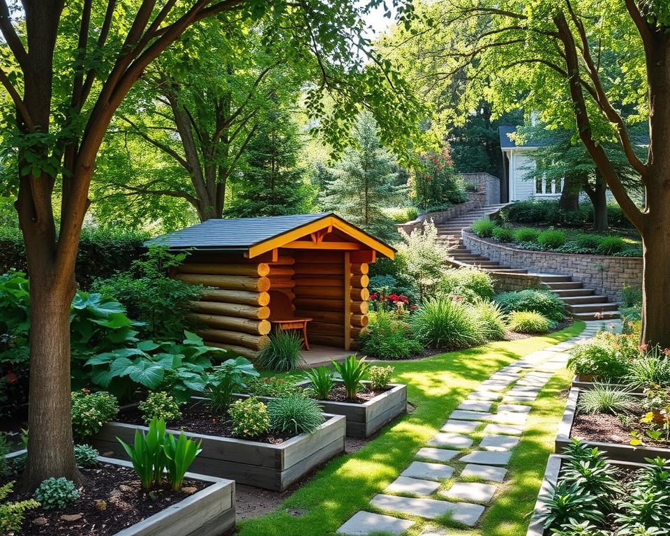 organised garden aesthetic with log store