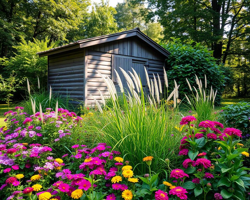 plants and flower beds surrounding a shed