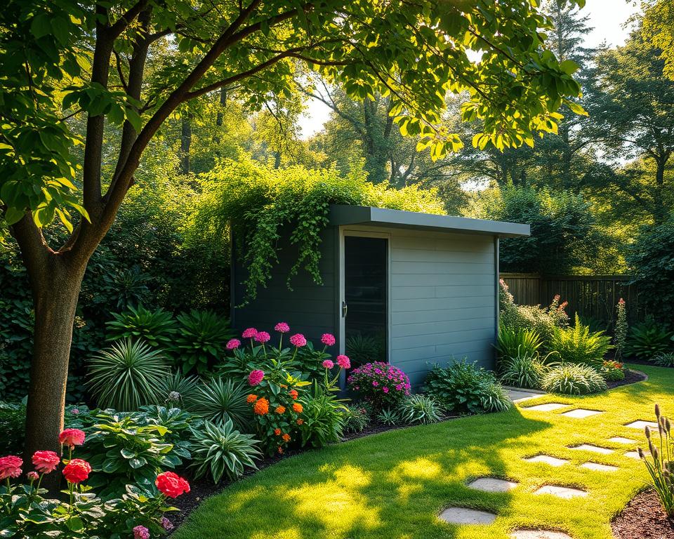 plastic shed integrated into garden aesthetic