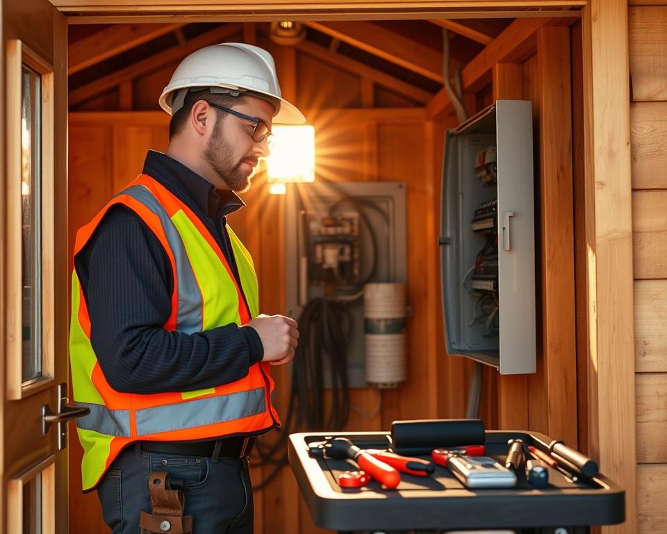 qualified electrician working on shed electrical installation