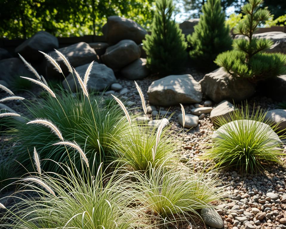 rock garden with ornamental grasses and dwarf conifers