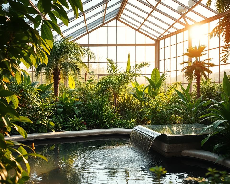 serene greenhouse interior with water feature