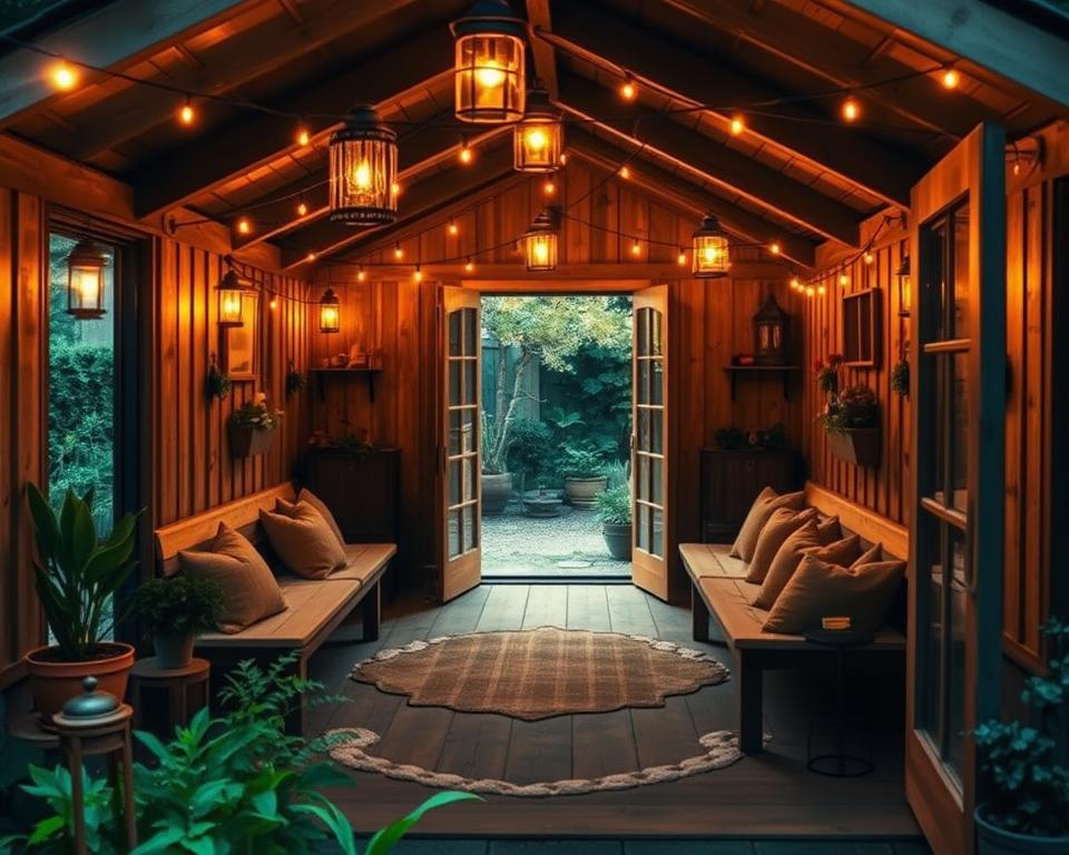 shed lighting and seating arrangement