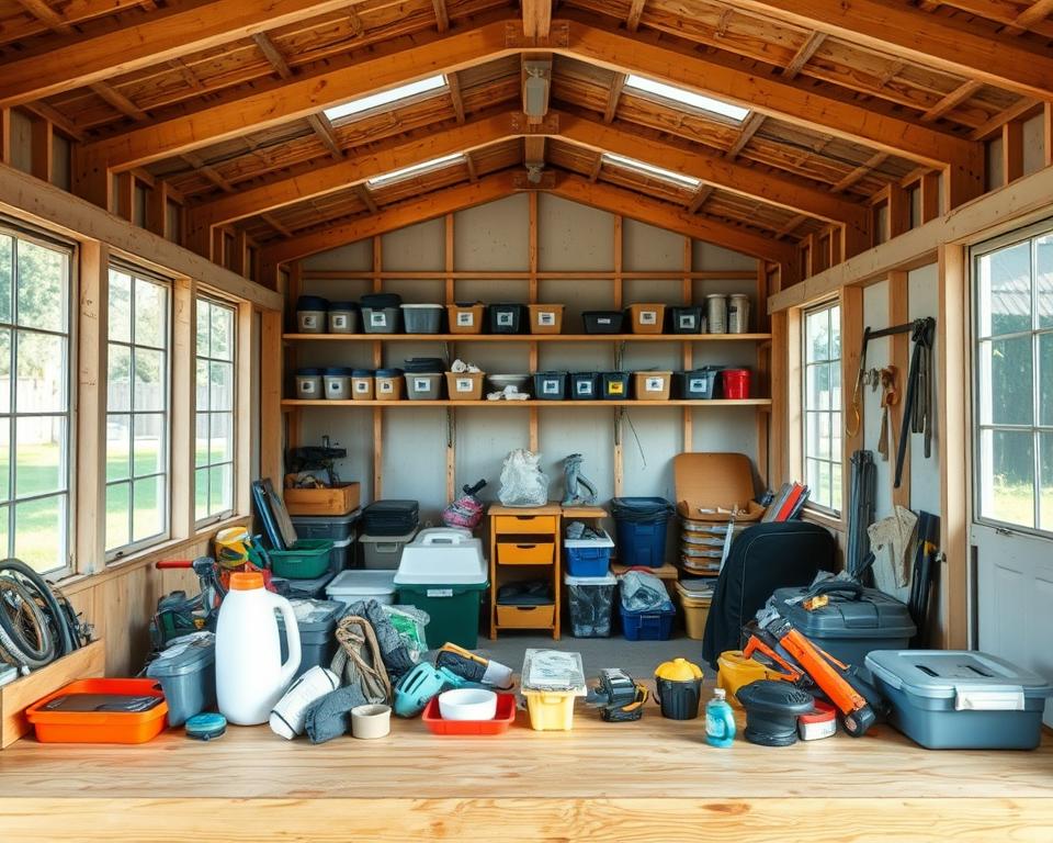 sorting shed items for decluttering