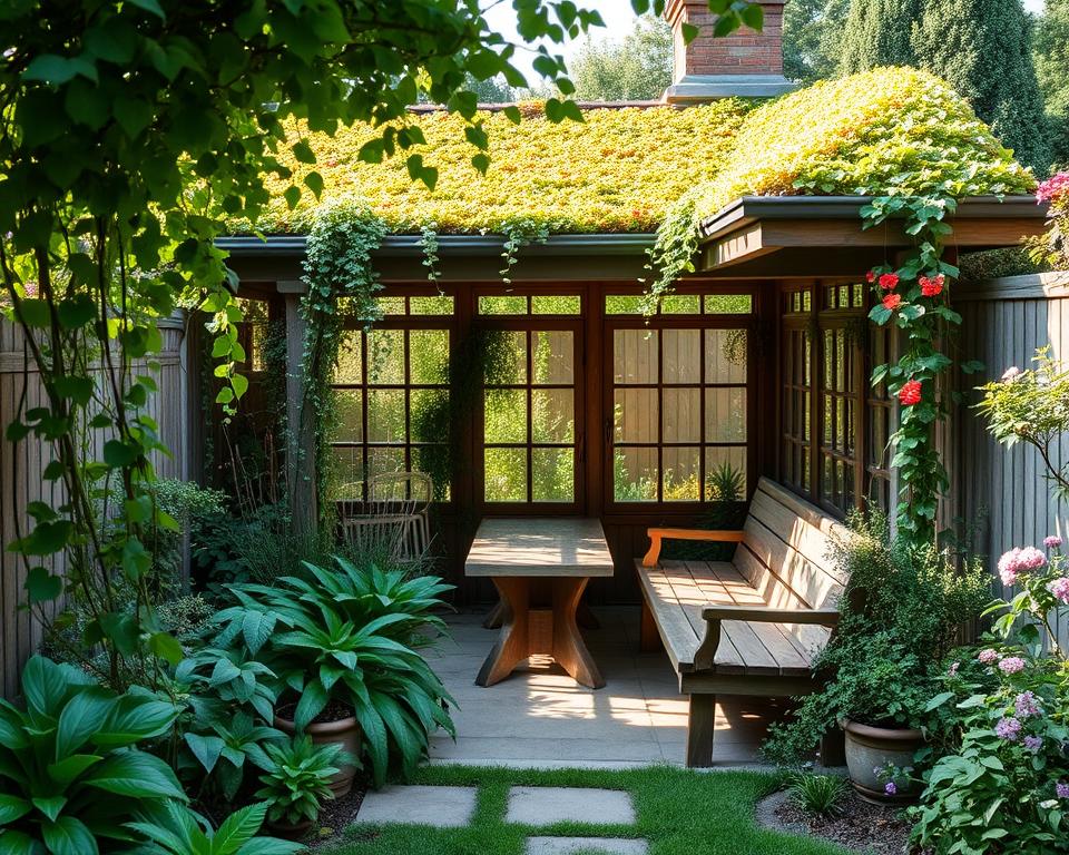 sustainable garden room with sedum roof