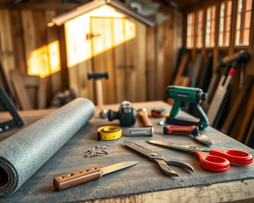 tools and materials for re-felting a shed roof