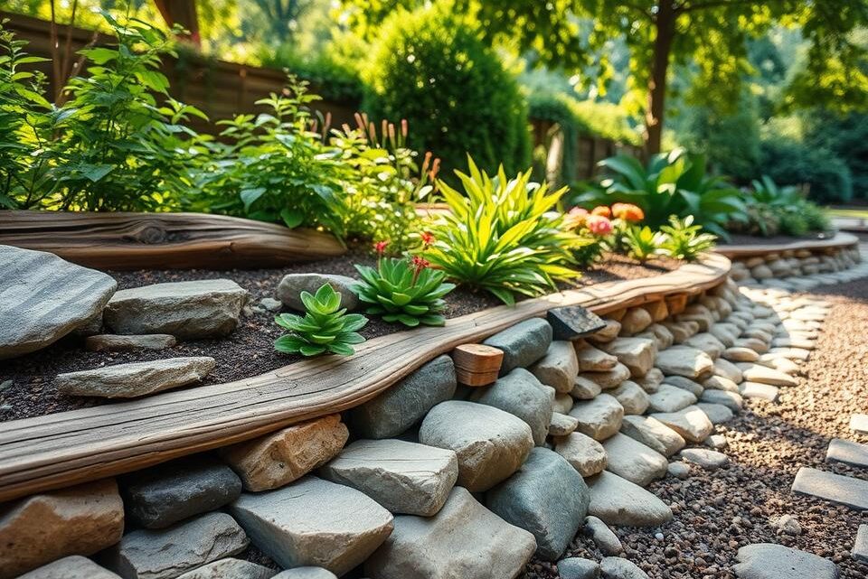 Garden Bed Edging Using Natural Stone, Wood, and Plants