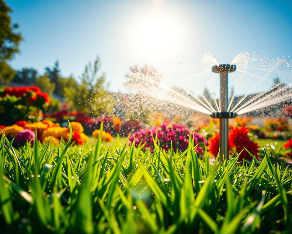 Garden sprinkler system in action