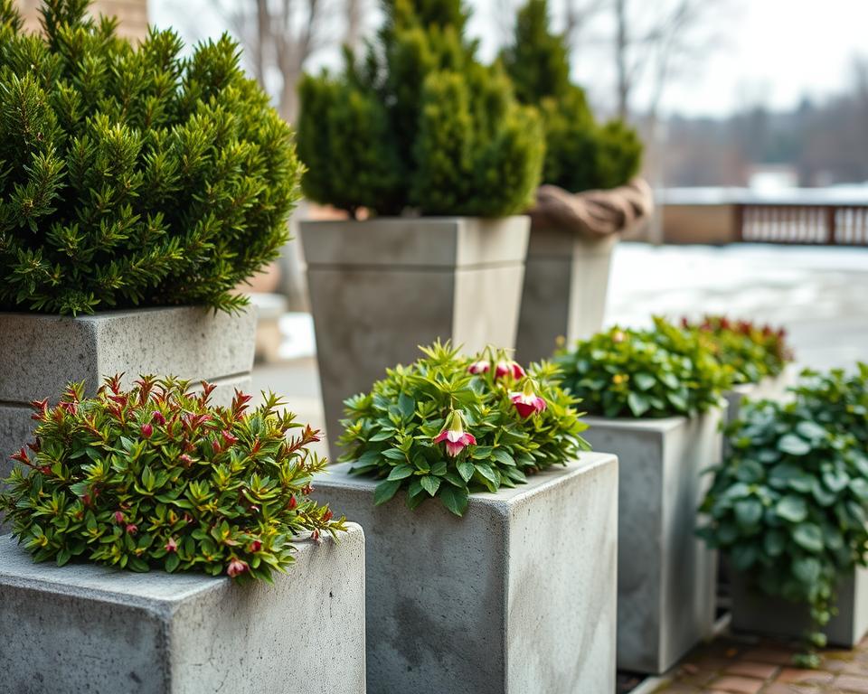 Winter-Hardy Plants in Concrete Planter Blocks