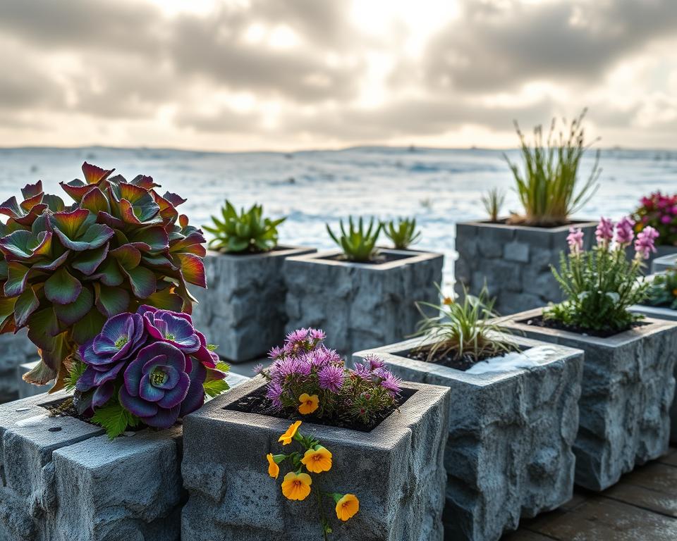 Winter-hardy plants in concrete planter blocks