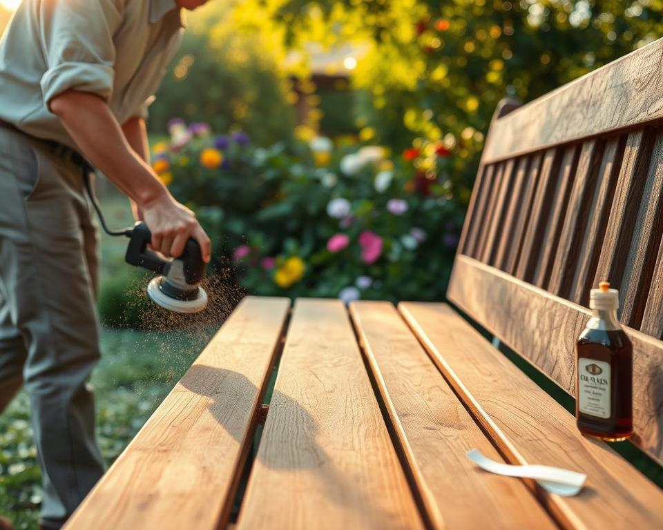 sanding and finishing garden bench