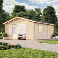 11% discount: Palmako Roger 4.5m x 5.5m Extra Wide Log Cabin Single Garage (44mm) - Up and Over Door